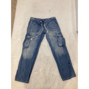 AMERICAN JEAN Womens Blue Denim Cargo Pants Drawstring Waist Cropped Leg Size 28